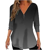 Womens Tops Dressy Casual 3/4 Length Sleeve V Neck Shirts and Blouses Zip Up T Shirts Gradient Color Graphic Tees