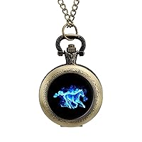 Blue Fire Running Horse Pocket Watch Roman Numerals Scale Quartz Pocket Watches with Chain for Xmas Gifts