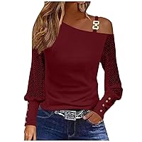 Long Sleeve Workout Tops for Women Travel T-Shirt Ladies Plus Size Spring Elegant Long Sleeve Spaghetti Strap Tee Shirts Fit Plain Stretchy Lace One Shoulder T Shirts for Women Wine X-Large