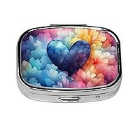 Blue Love Heart Print Square Pill Box with 2 Compartment Portable Mini Pill Case Metal Pill Organizer Pill Container for Pocket Purse Office Travel