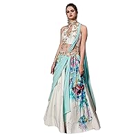 lake blue Floral printed Indo Western Christian Wedding & Festival Silk Draped Gown Dress 1146