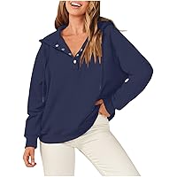 Button V Neck Hoodies for Women, Sexy Trendy Workout Sweatshirt Oversized Pullover Tops Fall Hooded Tunic Sweater