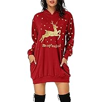 Christmas Merry Womens Ugly Christmas Sweatshirts Dress Reindeer Star Hooded Tunic Dresses Casual Xmas Mini Dress