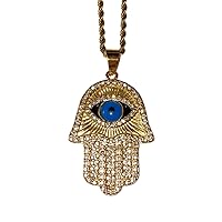 Hamsa Evil Eye Protector Men Women Solid 14k Gold Finish Pendant Stainless Steel Real 3 mm Rope Chain Necklace, Mens Jewelry, Iced Pendant, Rope Necklace
