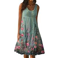 Summer Dresses for Women 2024 Vacation Beach Hawaiian Ladies Dresses Sleeveless Casual Flowy Midi Sun Dress with Pockets