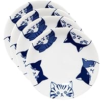 Japanese Cat Design Ceramic Small Plates - Set of 4 - Great for Sushi, Dips, & Desserts, Cat Quintet