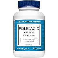 The Vitamin Shoppe Folic Acid 400MCG, Supports Prenatal & Fetal Development (300 Tablets)