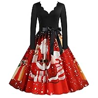 Women's Scallop V Neck Christmas Dress Vintage 1950s Rockabilly Swing Dress Retro Hepburn Style A-Line Dresses