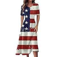 HTHLVMD Short Sleeve Tunic Woman Independence Day Evening Trending Peplum American Flag Tunic V Neck Comfy Ruffle Polyester Soft Blouses Woman Red