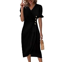Women's Button Irregular Hem Wrap Midi Dress Elegant Puff Sleeve V Neck Solid Color Cocktail Party Dresses