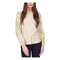 Michael Kors Womens Beige Textured Sheer High Neckline Button Down Blouson Sleeve Wear to Work Blouse Petites PXS