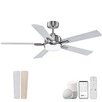 52” Smart Outdoor Ceiling Fans LED Lights and Remote,Quiet DC Motor,6 Speed,Dimmable,Indoor Modern Brushed Nickel Ceiling Fan Controlled by WIFI Alexa App,Gray Silver Wood Bedroom Patio Porch