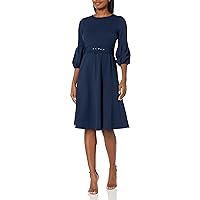 London Times Women's Belted Fit and Flare Pleated Blouson Sleeve Midi Scuba Crepe Dress Polished Chic Career