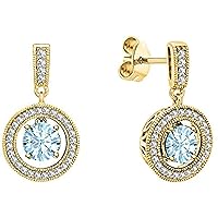 Created Round Cut Aquamarine In 925 Sterling Silver 14K White Gold Over Halo Diamond Round Shape Drop & Dangle Earring for Women's