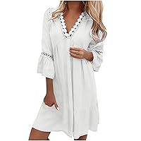 Summer Dresses for Women 2024 V-Neck Short Sleeve Printed Lace Patchwork Bohemian Casual Midi Resort Dress