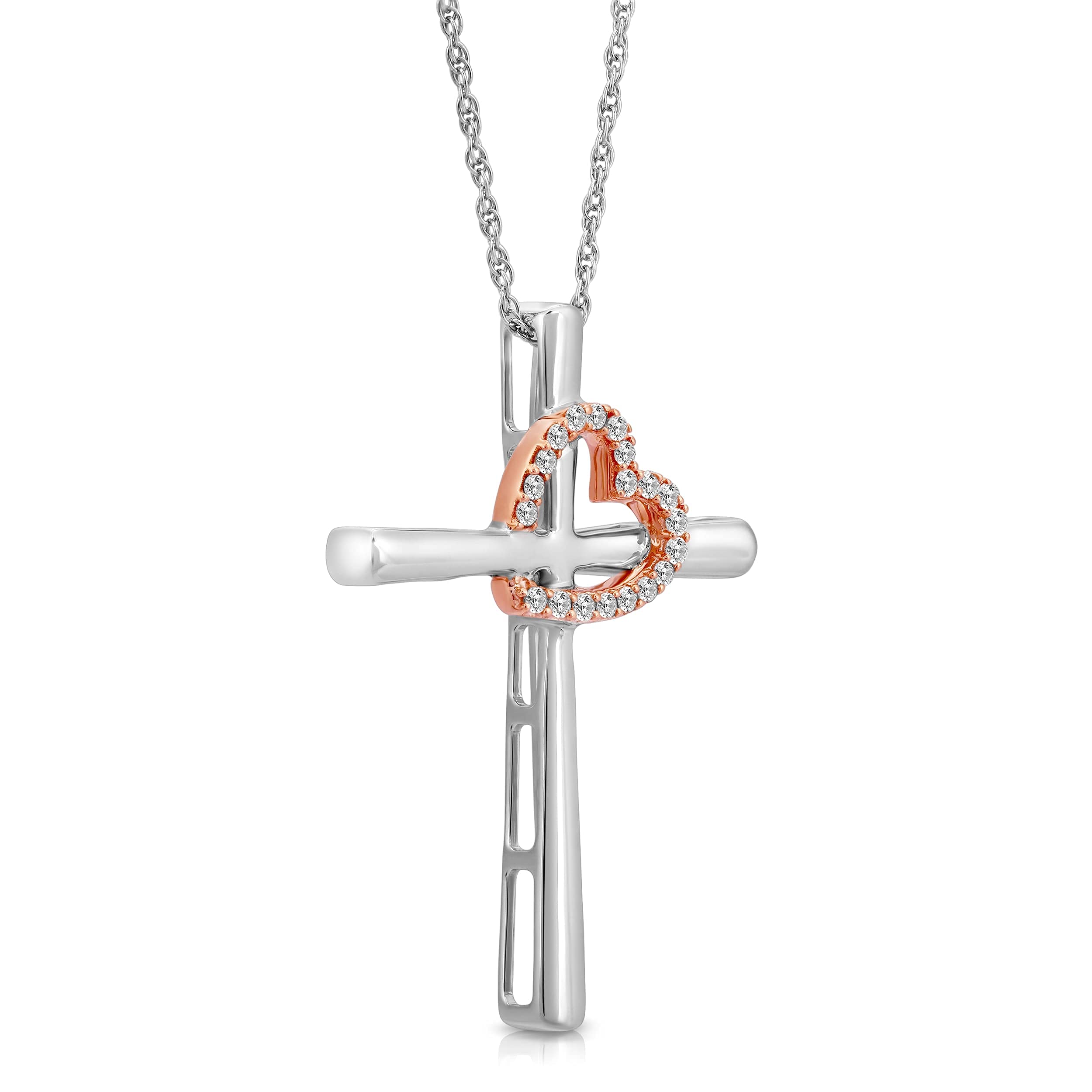 Sterling Silver and Rose Gold Diamond Heart and Cross Pendant Necklace (1/10 cttw, I-J Color, I2-I3 Clarity), 18