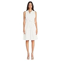 Maggy London Sleeveless Collared Button Front Summer Dress for Women with Waist Tie and Pleat Details