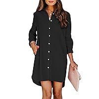 Womens Button Down Shirt Dresses with Pockets Cotton Button Up Tunics Long Sleeve Solid High Low Blouse Tops