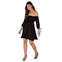 Elina fashion Women's Faux Georgette 3/4 Sleeve Flared Mini Dress Eyelet Neck Summer Casual Tiered Dresses