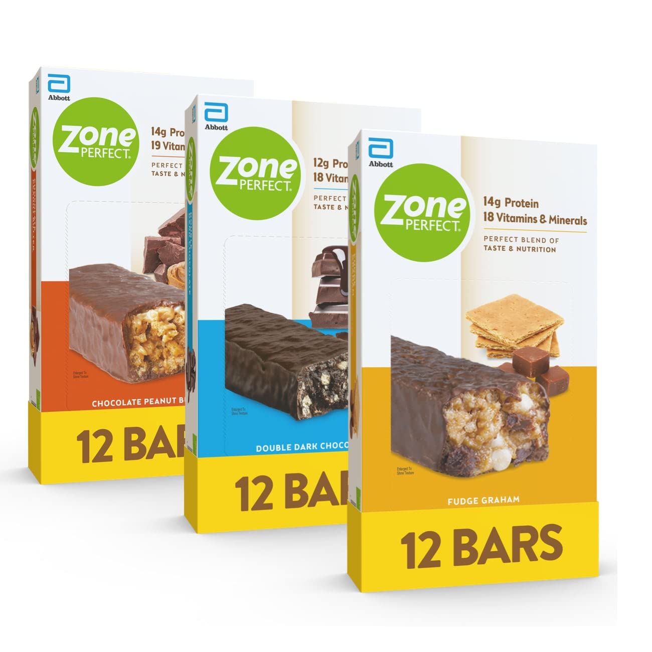 ZonePerfect Protein Bars, 12-14g Protein, 18-19 Vitamins & Minerals, Nutritious Snack Bar, Double Dark Chocolate, Fudge Graham, Chocolate Peanut Butter, 36 Bars