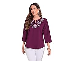 Women's Tops Women's Shirts Floral Embroidery Notched Neckline Blouse Women's Tops Shirts for Women