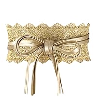Womens Faux Leather Wide Golden Retro Cinch Belt Lace Up Wrap Around Obi Waistband (gold)
