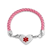 Bling Jewelry Customizable Engravable Identification Medical ID Pink Braided Leather Bracelet For Women Stainless Steel