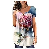 2024 Short Sleeve Shirt Ladies Tee Button Up V Neck Blouse Plus Size Tshirt Fashion Retro Print Summer Tunic Spring Top