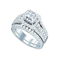 14K White Gold Princess Diamond Elevated Bridal Wedding Engagement Promise Ring Band Set 1-1/5 Ctw.
