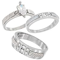 Sterling Silver Cubic Zirconia Trio Engagement Wedding Ring Set for 7 mm Him and Hers 4 mm Rope Design, L 5-10 & M 8-14