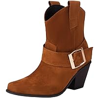 Women Faux Suede Ankle Boots Square Toe Chunky Heel Cowboy Boots with Buckles Pull on Western Booties