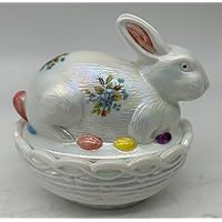 Glass Easter Bunny Rabbit on Covered Dish Mosser Glass - Handpainted & Decorated (Milk w/Blue Floral)