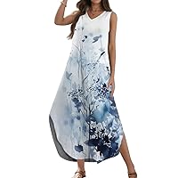 Women's 2024 Summer Casual Loose Sundress Long Dress Floral Print Sleeveless V Neck Split Tshirt Maxi Dresses