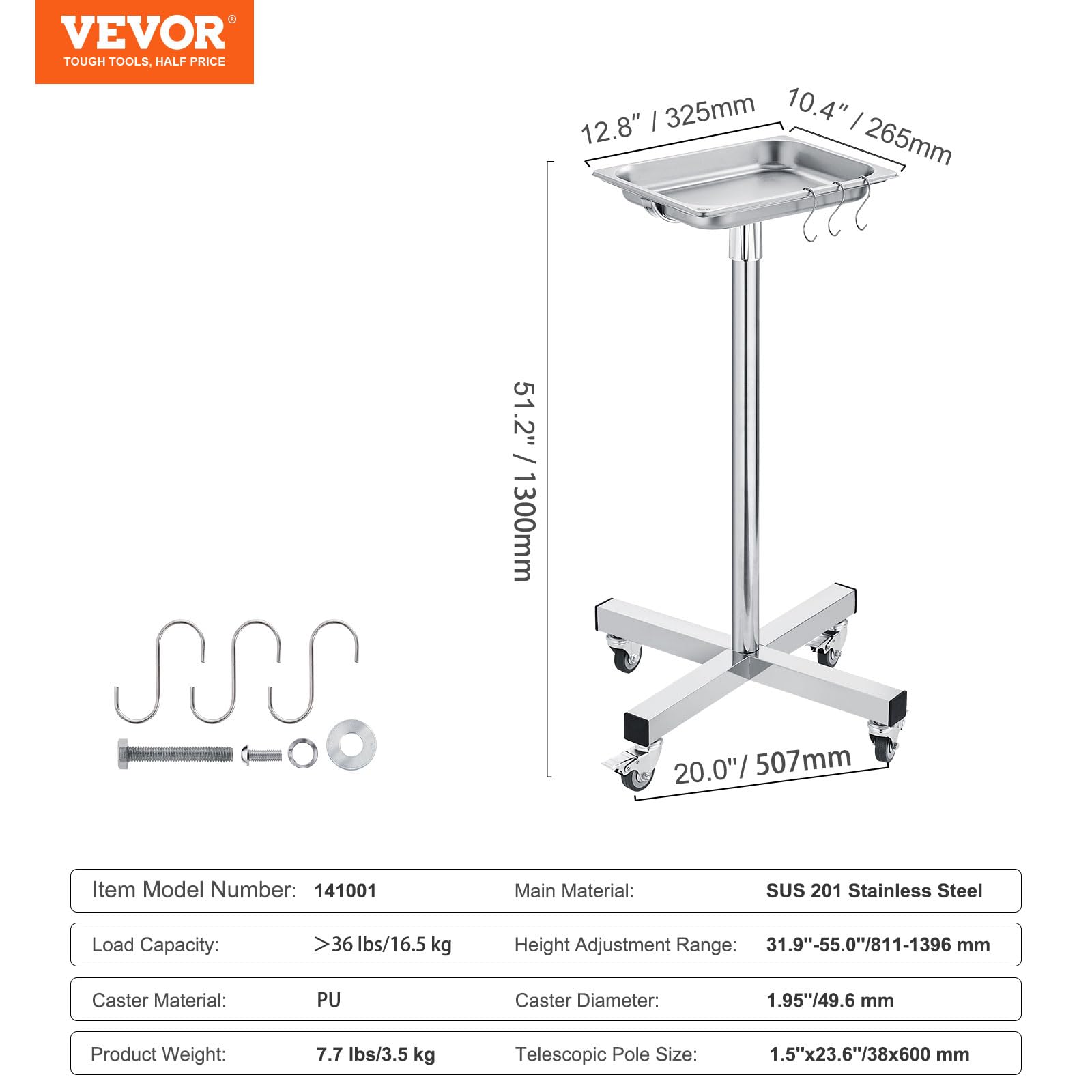 VEVOR Mayo Stand, Stainless Steel Mayo Tray, Load Capacity up to 36 lbs, Adjustable Height 31.9