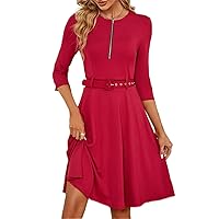 Women's Half Zip Belted Dress in Burgundy - Casual A Line Knee Length Dress with Three Quarter Length Sleeves and High Waist