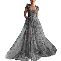 Tulle Prom Dresses for Women Butterfly Lace Formal Dress with Pockets Spaghetti Straps Evening Gown