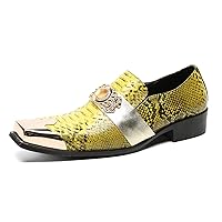 Men's Gold Metal-Tip Square Toe Sparkling Leather Topaz Penny Loafers Fashion Casual Comfort Slip on Western Dress Shoes