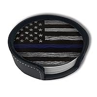 Thin Blue Line Leather Drinks Coasters with Holder Set of 6, Suitable for Kinds of Cups
