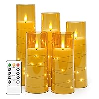 Flameless LED Candles with Timer 5 Pc Flickering Flameless Candles for Romantic Ambiance and Home Decoration Stable Acrylic Shell,with Embedded Star String，Battery Operated Candles（Gold）