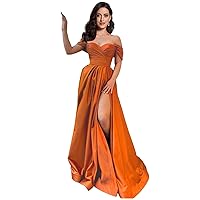 MllesReve Satin Slit Prom Dresses with Pockets Off The Shoulder Pleated Bodice Formal Evening Gown Women Long Party Dresses