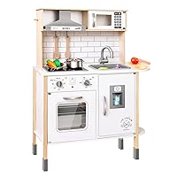 Tiny Land Play Kitchen for Kids, Wooden Kids Play Kitchen Playset Chef Pretend Play Set for Toddlers with Real Lights & Sounds, Toys Kitchen with 18 Pcs Toy Food & Cookware Accessories