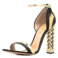 FSJ Women Flower Gold Metal Chain Chunky High Heels Ankle Strap Sandals Open Toe Fashion Summer Dressy Shoes Size 4-15 US