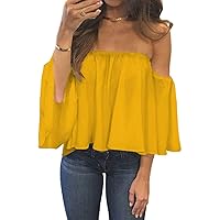 Bluetime Women Summer Off Shoulder Chiffon Blouses Ruffles Short Sleeves Sexy Tops Casual T Shirts