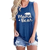 Women Mama Bear Letter Print Shirts Summer Crew Neck Sleeveless Shirts Vacation Tank Cami Tops