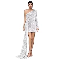 Basgute Women's One Shoulder Sequin Prom Dresses Short Long Sleeve Corset Sparkly Formal Evening Party Gowns with Train