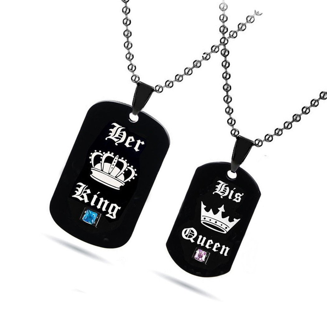 Uloveido His Queen & Her King Couples Square Pendant Necklaces for Men and Women Black and Gold Color Titanium SN115