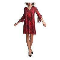 Calvin Klein Womens Red Ruffled Animal Print 3/4 Sleeve V Neck Short Party Shift Dress 4