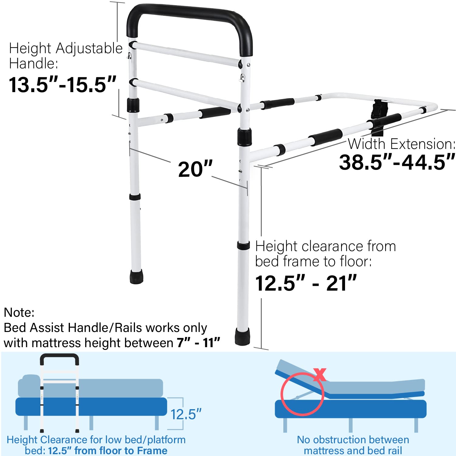 Vaunn Medical Adjustable Bed Assist Rail Handle and Hand Guard Grab Bar, Bedside Safety and Stability (Tool-Free Assembly), White/Black