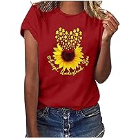 Women Sunflower&Heart Graphic Inspirational T-Shirts Summer Short Sleeve Crewneck Casual Loose Fit Fashion Tee Tops