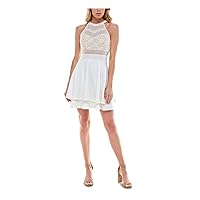 Womens Stretch Zippered Lace Layered Mesh-Illusion Sleeveless Halter Short Party Fit + Flare Dress